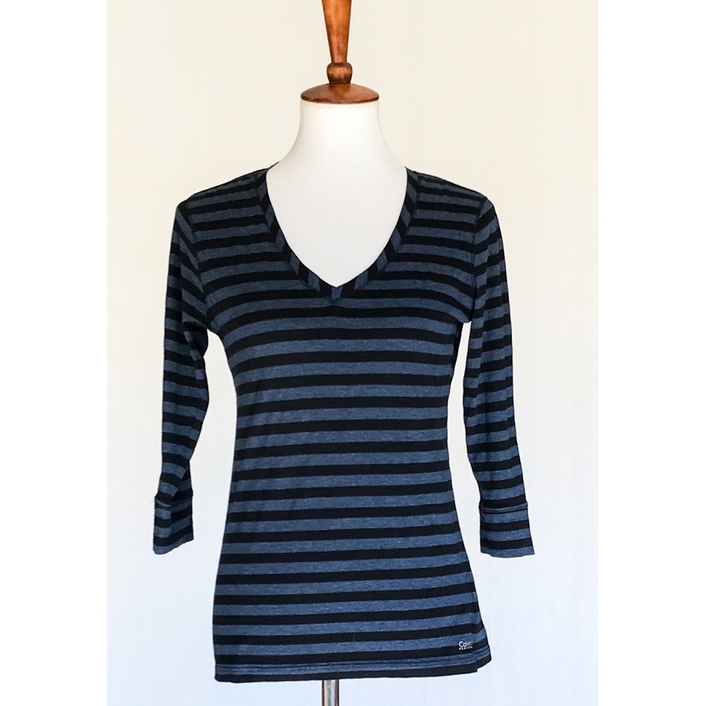 Calvin Klein Striped V-Neck 3/4 Sleeve Top Medium